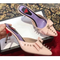 Trendy Gucci Heel 8cm Patent Leather Silver-toned Spikes Mules with Bow 921841 Nude Pink 2019