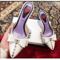 Grade Quality Gucci Heel 8cm Patent Leather Silver-toned Spikes Mules with Bow 921846 White 2019