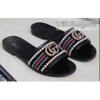 Charming Gucci Velvet Slide Sandals With Crystals 525366 Black 2019