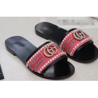 Low Price Gucci Velvet Slide Sandals With Crystals 525366 Dark Pink 2019