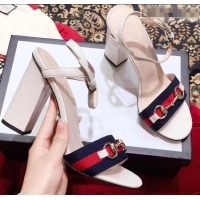 Duplicate Gucci Heel 6.5cm/10.5cm Web Horsebit Fabric and Leather Sandals 931317 White 2019