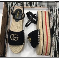 Hot Sell Gucci Crochet Espadrilles Sandals 932501 Black With Pearls Double G 2019