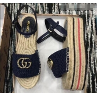 Good Quality Gucci Crochet Espadrilles Sandals 932502 Navy Blue With Pearls Double G 2019