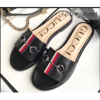 Newest Gucci Horsebit and Sylvie Web Flat Slides G932626 Black 2019