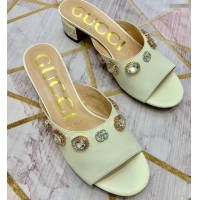 Discount Gucci Lyric GG Crystal Embellished Heel Moire Mules 940408 White ​2019