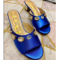 Fashion Gucci Lyric GG Crystal Embellished Heel Moire Mules 940408 Blue 2019