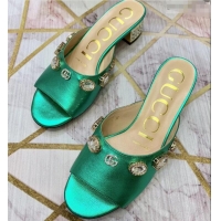 Low Price Gucci Lyric GG Crystal Embellished Heel Moire Mules 940408 Green 2019