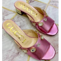 New Design Gucci Lyric GG Crystal Embellished Heel Moire Mules 940408 Fuchsia 2019