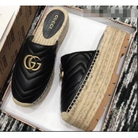 Best Quality Gucci Leather Platform Espadrilles Slippers With Double G 940801 Black 2019