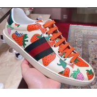 New Style Gucci Web Ace Leather Strawberry Sneakers 387993 Ivory 2019