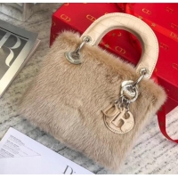 Cool Dior Mini Lady Dior Mink Fur Top Handle Bag 500518 Camel 2019