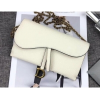 Fashion Dior Large Saddle Wallet on Chain Clutch in Grained Calfskin 500523 White 2019