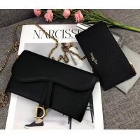 Good Looking Dior Large Saddle Wallet on Chain Clutch in Grained Calfskin 500523 Black 2019