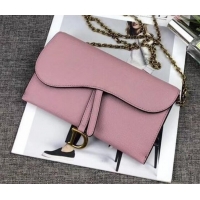 Generous Dior Large Saddle Wallet on Chain Clutch in Grained Calfskin 500523 Pink 2019