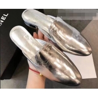 Buy Ladies Chanel CC Logo Goatskin Mules G34303 Metallic Silver 2019