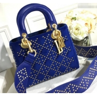 Best Grade Lady Dior Suede Studded Mini Bag 500812 Blue 2019