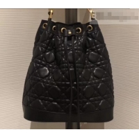 Luxury Discount Miss Dior Quilted Cannage Lambskin Drawstring Bucket Bag 500815 Black 2019