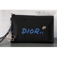 New Style Dior Nylon Bee DIOR X KAWS Pouch Clutch Bag Black with Blue Logo 500840 2019