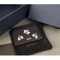 Top Quality Dior Calfskin DIOR X KAWS Card Holder Black with Pink Bees 500841 2019