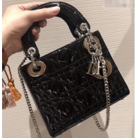 Discount Lady Dior Mini Bag in Cannage with Chain Patent 510041 Black/Silver