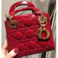 Classic Lady Dior Mini Bag in Cannage with Chain Patent 510041 Red