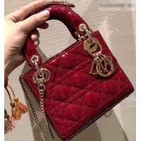 Good Quality Lady Dior Mini Bag in Cannage with Chain Patent 510041 Dark Red