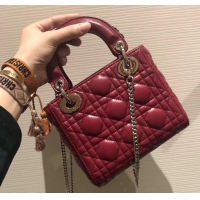 Fashion Lady Dior Mini Bag in Cannage with Chain 510042 Dark Red/Silver