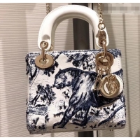 Grade Quality Lady Dior Mini Bag in Cannage with Chain Toile de Jouy motif Embroidered 510046 White/Blue 2019