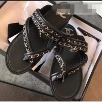 Free Shipping Chanel CC Logo Chain Thong Sandals G951307 Black 2019