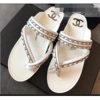 Low Price Chanel CC Logo Chain Thong Sandals G951307 White 2019