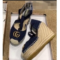 Luxurious Gucci Double G Crochet Platform 10cm Espadrille with Grosgrain Lace-up 951305 Blue