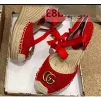 Most Popular Gucci Double G Crochet Platform 10cm Espadrille with Grosgrain Lace-up 951305 Red