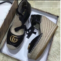 Top Grade Gucci Double G Leather Platform 10cm Espadrille with Grosgrain Lace-up 573023 Black