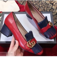 Super Gucci Double G Fringe Leather Mid-heel 4.5cm Pumps 9051407 Red/Blue 2019