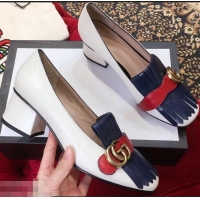 Purchase Gucci Double G Fringe Leather Mid-heel 4.5cm Pumps 9051407 White/Blue/Red 2019