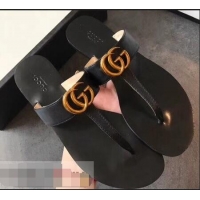 Traditional Discount Gucci Leather Thong Sandals with Double G 497444 Black