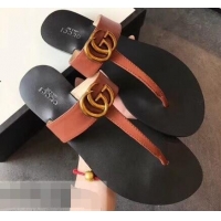 Famous Brand Gucci Leather Thong Sandals with Double G 497444 Brown