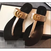 Big Enough Gucci Leather Thong Sandals with Double G 497444 Metallic Gold