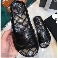 Discount Chanel CC Logo Transparent PVC Shower Shoes Mules Slipper Sandals 951501 Black 2019