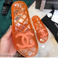 Low Cost Chanel CC Logo Transparent PVC Shower Shoes Mules Slipper Sandals 51501 Orange 2019