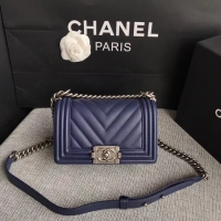 Unique Chanel Le Boy Flap Shoulder Bag Original Calf leather A67085 Dark Blue Silver Buckle