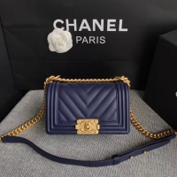 Grade Chanel Le Boy Flap Shoulder Bag Original Calf leather A67085 Dark Blue Gold Buckle