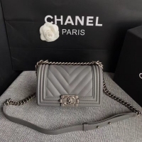 Crafted Chanel Le Boy Flap Shoulder Bag Original Calf leather A67085 Grey Silver Buckle