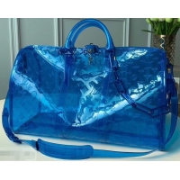 New Arrivals Louis Vuitton Transparent embossed Monogram PVC Keepall Bandouliere 50 M53272 Blue 2019