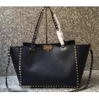 Discount Valentino Grained Leather Rockstud Medium Tote Bag 0973 Navy Blue