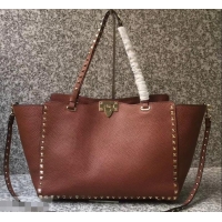 Grade Quality Valentino Grained Leather Rockstud Medium Tote Bag 0973 Brown