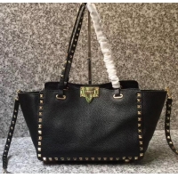 Discount Valentino Grained Leather Rockstud Small Tote Bag 0972 Black