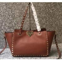 Luxury Valentino Grained Leather Rockstud Small Tote Bag 0972 Brown