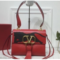 Grade Design Valentino Smooth Calfskin Small VRing Shoulder Bag Panther 720048 Red