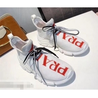 Design Discount Prada Knit Sneakers PA8021 White With Intarsia Logo